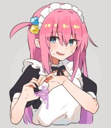 Rule 34 | 1girl, apron, black bow, black bowtie, black dress, blue eyes, blush, bocchi the rock!, bow, bowtie, breasts, collared dress, cube hair ornament, dress, enipa 28, gotoh hitori, grey background, hair between eyes, hair ornament, hands up, heart, heart hands, highres, long hair, looking at viewer, maid, maid headdress, medium breasts, open mouth, pink hair, puffy short sleeves, puffy sleeves, short sleeves, sidelocks, simple background, slime (substance), smile, solo, sweat, upper body, white apron