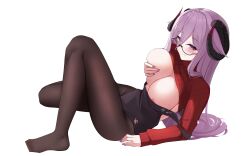 Rule 34 | 1girl, apron, areola slip, azur lane, black horns, black pantyhose, breasts, clothes lift, collared sweater, curled horns, friedrich carl (a game of love) (azur lane), friedrich carl (azur lane), full body, glasses, grabbing own breast, highres, horns, knee up, large breasts, long hair, mole, mole under mouth, no bra, no shoes, official alternate costume, pantyhose, red sweater, semi-rimless eyewear, strap slip, sweater, sweater lift, very long hair, white background, zerotwenty (020)