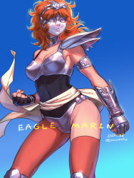 Rule 34 | 1girl, 2020, aquila marin, armlet, armor, asymmetrical legwear, bikini armor, black gloves, blue background, breasts, character name, cleavage, clenched hands, dated, fingerless gloves, gauntlets, gloves, gradient background, highres, long hair, mask, medium breasts, orange hair, pauldrons, red thighhighs, saint seiya, shoulder armor, single bare shoulder, single fingerless glove, single gauntlet, single glove, single leg pantyhose, single pauldron, single thighhigh, solo, thighhighs, twitter username, yuccoshi
