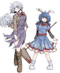 Rule 34 | 2girls, absurdres, ambiguous red liquid, animal ears, blue dress, blue hair, blush, boots, brown footwear, brown jacket, closed mouth, dress, earclip, fe (tetsu), feathered wings, full body, grey hair, highres, jacket, kine, kishin sagume, layered sleeves, long hair, long sleeves, mallet, multiple girls, open clothes, open jacket, purple dress, rabbit ears, red eyes, seiran (touhou), short hair, short over long sleeves, short sleeves, simple background, single wing, smile, socks, touhou, white background, white socks, white wings, wings
