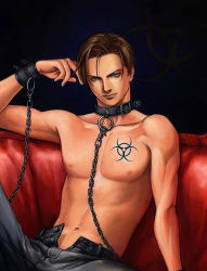 Rule 34 | 1boy, bdsm, bondage, bound, brown hair, chain, collar, leash, lowres, male focus, red upholstery, topless male, solo, tattoo