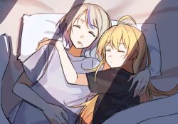 Rule 34 | 2girls, black shirt, blonde hair, cguanjen, closed eyes, commentary, cuddling, from above, hand on another&#039;s shoulder, highres, hololive, hololive dev is, light brown hair, light rays, lying, morning, multicolored hair, multiple girls, on back, on bed, open mouth, otonose kanade, pajamas, pillow, purple hair, purple shirt, saliva, shirt, short sleeves, sleeping, streaked hair, sunbeam, sunlight, todoroki hajime, virtual youtuber, yuri