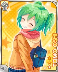 Rule 34 | 1girl, arms behind back, bow, brown eyes, card (medium), character name, closed mouth, closeup, coat, from behind, girlfriend (kari), green hair, hair bow, halftone, halftone background, official art, orange background, oshi tomo, plaid, plaid skirt, qp:flapper, scarf, school uniform, skirt, smile, solo, sparkle, star (symbol), starry background, tagme, teeth, winter clothes, winter coat