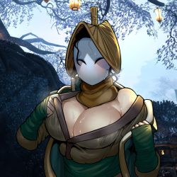 Rule 34 | 1girl, black hair, blush, breasts, cleavage, commentary, english commentary, for honor, highres, japanese clothes, krekkov, large breasts, mask, nobushi (for honor), off shoulder, outdoors, sky, sleeves past wrists, solo, sweat, upper body, white sky