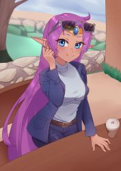 Rule 34 | 1girl, absurdres, arm up, belt, blue eyes, blue jacket, blush, breasts, casual, closed mouth, cloud, cloudy sky, coffee, coffee cup, cup, dark-skinned female, dark skin, denim, disposable cup, earrings, eyewear on head, grass, hair down, highres, jacket, jeans, jewelry, long hair, long sleeves, looking at viewer, misachu39, open clothes, open jacket, outdoors, pants, pointy ears, purple hair, shantae, shantae (series), sky, smile, solo, standing, sunglasses, sunglasses on head, sweater, table, tiara, tree, turtleneck, turtleneck sweater, very long hair, water, white sweater