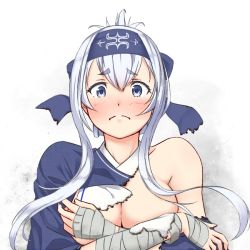 Rule 34 | 10s, 1girl, ainu, ainu clothes, bandana, bare shoulders, blue eyes, blush, breast hold, breasts, commentary request, covering privates, covering breasts, cropped jacket, dress, embarrassed, folded ponytail, frown, headband, kamoi (kancolle), kantai collection, large breasts, long hair, long sleeves, looking at viewer, noronosuke, sidelocks, simple background, sleeveless, sleeveless dress, solo, tearing up, thick eyebrows, torn clothes, white dress, white hair, wrist guards