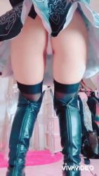 Rule 34 | 1girl, animated, animated gif, ass, boots, cosplay, dress, from behind, from below, highres, huge ass, leotard, nier (series), nier:automata, photo (medium), skirt, solo, square enix, squatting, thigh gap, thong, thong leotard, upskirt, white hair, 2b (nier:automata), 2b (nier:automata) (cosplay)