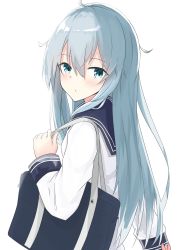 Rule 34 | 1girl, absurdres, bag, blue eyes, blue sailor collar, evening rabbit, from behind, hair between eyes, hibiki (kancolle), highres, holding, holding bag, kantai collection, long hair, long sleeves, looking at viewer, looking back, parted lips, sailor collar, school bag, shirt, silver hair, simple background, solo, upper body, very long hair, white background, white shirt