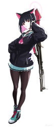 Rule 34 | 1girl, animal ears, black hair, blue archive, brown pantyhose, gun, hood, hooded jacket, ingerdoll, jacket, kazusa (blue archive), looking at viewer, pantyhose, pink hair, shoes, simple background, solo, weapon, white background