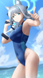 Rule 34 | 1girl, absurdres, animal ear fluff, animal ears, assault rifle, bare arms, blue archive, blue eyes, blue sky, breasts, closed mouth, cloud, cloudy sky, competition swimsuit, contrapposto, covered navel, cowboy shot, cross hair ornament, finger gun, green archive, grey hair, gun, hair ornament, halo, highleg, highleg swimsuit, highres, holding, holding gun, holding weapon, looking at viewer, medium breasts, okano yuuto, one-piece swimsuit, rifle, shiroko (blue archive), shiroko (swimsuit) (blue archive), sidelocks, sig sauer 556, sky, solo, swimsuit, thighs, two-tone swimsuit, weapon