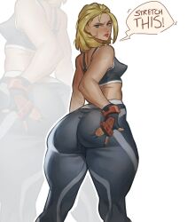 Rule 34 | 1girl, annoyed, ass, ass focus, ass grab, black nails, blonde hair, blue eyes, breasts, cammy white, capcom, capri pants, commentary, crop top, english commentary, feet out of frame, fingerless gloves, fingernails, gloves, grabbing own ass, highres, huge ass, jacket, kneepits, legs apart, long fingernails, looking back, medium breasts, midriff, pants, parted bangs, parted lips, perky breasts, scar, scar on face, short hair, sideboob, simple background, solo, speech bubble, standing, street fighter, street fighter 6, teeth, thatmfdiego, thick lips, thick thighs, thighs, unworn jacket, v-shaped eyebrows, white background, wide hips, zoom layer