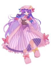 Rule 34 | 1girl, absurdres, blue bow, blue ribbon, book, bow, bowtie, capelet, closed mouth, commentary request, crescent, crescent hat ornament, dress, dress bow, expressionless, footwear bow, frilled capelet, frills, full body, hair bow, hat, hat ornament, hat ribbon, highres, holding, holding book, long hair, long sleeves, looking at viewer, mob cap, open book, patchouli knowledge, purple eyes, purple hair, red bow, red bowtie, red ribbon, ribbon, robe, solo, striped clothes, striped dress, touhou, transparent background, vertical-striped clothes, vertical-striped dress, very long hair, yasonomugi, yellow bow