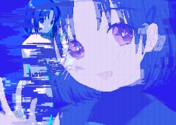 Rule 34 | 1girl, absurdres, afterimage, arm at side, blue background, blue eyes, blue theme, blush, bright pupils, censored, closed mouth, commentary request, completely nude, curtained hair, expressionless, feet out of frame, glitch, glitch censor, hair ornament, hairclip, hand up, highres, ily., led, multiple views, narume, nude, official art, open mouth, pixel art, projected inset, purple eyes, sailor collar, screen, shirt, short hair, simple background, smile, turtleneck, turtleneck shirt, undershirt, waving, white pupils, yurisawa airi