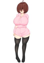 Rule 34 | 1girl, ahoge, black thighhighs, blush, bottomless, breasts, brown hair, curvy, full body, hair over eyes, highres, hood, hoodie, huge breasts, miru cocoa, mozuku (miru cocoa), original, pink hoodie, short hair, smile, solo, standing, thick thighs, thighhighs, thighs, white background, wide hips