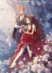 Rule 34 | 1boy, 1girl, aerith gainsborough, aerith gainsborough (red dress), black hair, breasts, character name, cleavage, cloud strife, dress, english text, final fantasy, final fantasy vii, flower, full body, high heels, highres, jewelry, kieta, long hair, necklace, ponytail, ribbon, sitting, very long hair, white flower