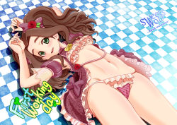 Rule 34 | 1girl, :d, absurdres, aqua eyes, arms up, bikini, bow, bowtie, brown hair, cameltoe, checkered background, cover, cover page, dated, detached sleeves, english text, flower, frilled bikini, frills, groin, hair bow, hair flower, hair ornament, highres, huge filesize, idolmaster, idolmaster cinderella girls, kusakabe wakaba, looking at viewer, lying, navel, on back, open mouth, pink bikini, puffy short sleeves, puffy sleeves, sample watermark, short sleeves, smile, solo, striped bikini, striped bikini bottom, striped clothes, sweetswolf, swimsuit, watermark, yellow bow