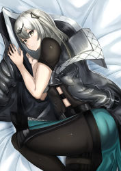 Rule 34 | 1girl, absurdres, arknights, black pantyhose, black shirt, blouse, commentary, grey eyes, greythroat (arknights), hair between eyes, hands up, head tilt, highres, huge filesize, long hair, looking at viewer, lying, on side, pantyhose, shirt, short sleeves, silver hair, solo, thighs, yuryou jime