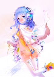 Rule 34 | 1girl, ankle boots, ass, bare back, bikini, blue eyes, blue hair, blush, boots, bracelet, crotch seam, feathers, from behind, full-face blush, glowing, headphones, highres, jewelry, leg up, looking at viewer, looking back, matching hair/eyes, nail polish, neko (314089734), open mouth, orange bikini, orange footwear, original, pink background, shiny skin, short hair, side-tie bikini bottom, simple background, sleeves past elbows, solo, swimsuit, thigh gap, thighhighs, wavy mouth, white nails, wide sleeves