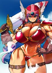 Rule 34 | 1girl, armor, belt, bikini armor, blood, bloody weapon, breasts, brown gloves, cleavage, dragon quest, dragon quest iii, gloves, green eyes, grin, hand on own hip, helmet, huge breasts, kemonono (inchiki dou), long hair, looking at viewer, muscular, muscular arms, muscular female, purple hair, red armor, revealing clothes, smile, soldier (dq3), solo, standing, sweat, sword, thigh belt, thigh strap, weapon, winged helmet