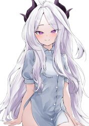 Rule 34 | 1girl, absurdres, ahoge, awnw, black horns, blue archive, blush, breasts, buttons, closed mouth, collared shirt, cowboy shot, demon horns, grey shirt, halo, highres, hina (blue archive), horns, long hair, looking at viewer, multiple horns, purple eyes, shirt, short sleeves, simple background, small breasts, smile, solo, white background, white hair