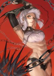 Rule 34 | 1girl, abs, absurdres, arms up, ball and chain (weapon), chain, cowboy shot, fate/grand order, fate (series), fingerless gloves, gloves, highres, holding, holding weapon, muscular, muscular female, navel, penthesilea (fate), peperon (peperou), red background, solo, spiked ball and chain, weapon, white hair, yellow eyes