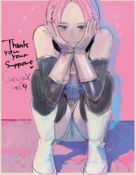 Rule 34 | 1girl, absurdres, bare shoulders, blue eyes, boots, cameltoe, choujin x, commentary, elbow gloves, english commentary, english text, gloves, hair ornament, highres, ishida sui, jumpsuit, military uniform, momoma maiko (choujin x), official art, pink background, pink hair, school uniform, short hair, sitting, solo, thighhighs, uniform, white footwear, white gloves