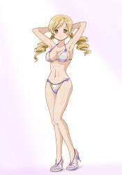 Rule 34 | 1girl, arms behind head, bikini, blonde hair, breasts, cleavage, drill hair, full body, kinfuji, large breasts, long hair, mahou shoujo madoka magica, mahou shoujo madoka magica (anime), multicolored bikini, multicolored clothes, simple background, solo, swimsuit, toeless footwear, tomoe mami, twin drills, twintails, white background, white bikini, yellow eyes