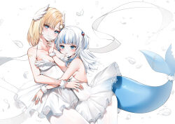 Rule 34 | 2girls, :p, alternate costume, ballet, bare shoulders, blonde hair, blue eyes, blue hair, breasts, cleavage, dress, feathers, fins, fish tail, gawr gura, grey hair, hair ornament, highres, hololive, hololive english, large breasts, long hair, looking at viewer, multicolored hair, multiple girls, shark girl, shark hair ornament, shark tail, small breasts, smile, streaked hair, tail, tongue, tongue out, tutu, virtual youtuber, watson amelia, white background, white dress, yukineko1018