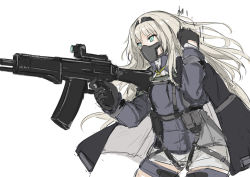 Rule 34 | 1girl, an-94, an-94 (girls&#039; frontline), aqua eyes, arm up, assault rifle, black cloak, black gloves, blonde hair, cloak, feet out of frame, girls&#039; frontline, gloves, gun, hairband, holding, holding gun, holding weapon, long hair, looking away, marche mk14, mask, masked, rifle, shorts, solo, standing, tactical clothes, weapon, white background, white shorts
