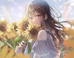 Rule 34 | 1girl, black hair, flower, highres, looking at viewer, original, sakura (39ra), smile, solo, sunflower