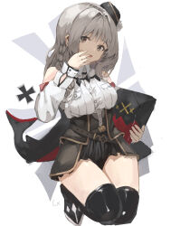 Rule 34 | 1girl, absurdres, azur lane, bare shoulders, black footwear, black skirt, boots, breasts, cross, full body, grey eyes, grey hair, highres, holding, holding stuffed toy, iron cross, knee boots, long hair, looking at viewer, luetzow (azur lane), medium breasts, qianhua, shirt, simple background, skirt, solo, stuffed toy, white background, white shirt