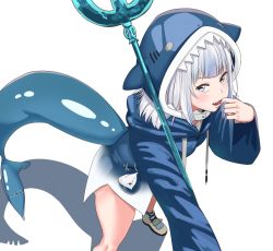 Rule 34 | 1girl, animal costume, animal hood, bad id, bad twitter id, blue eyes, blue hair, blue hoodie, blunt bangs, breasts, fins, fish tail, gawr gura, gawr gura (1st costume), highres, hololive, hololive english, hood, hoodie, horizontal pupils, looking at viewer, medium hair, multicolored hair, neneneaoao, open mouth, polearm, shark, shark costume, shark girl, shark hood, shark tail, sharp teeth, small breasts, solo, tail, teeth, trident, virtual youtuber, weapon, white background, white hair