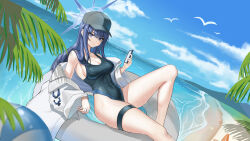 Rule 34 | 1girl, absurdres, alternate costume, ball, bare shoulders, barefoot, baseball cap, beach, beachball, bird, black hair, black hat, black one-piece swimsuit, blue archive, blue eyes, blue sky, breasts, cellphone, check commentary, chinese commentary, cleavage, closed mouth, cloud, coat, collarbone, commentary request, corgi (0830), covered navel, dated commentary, day, halo, hat, highleg, highres, holding, holding phone, innertube, long hair, looking at viewer, medium breasts, mountainous horizon, no mask, ocean, off shoulder, one-piece swimsuit, outdoors, palm leaf, phone, saori (blue archive), school swimsuit, sidelocks, sitting, skindentation, sky, smartphone, solo, starfish, swim ring, swimsuit, thigh strap, white coat