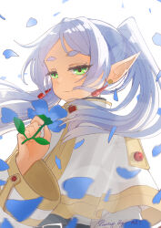 Rule 34 | 1girl, absurdres, blue flower, blue petals, closed mouth, dangle earrings, earrings, elf, expressionless, eyelashes, falling petals, flower, frieren, green eyes, highres, holding, holding flower, jewelry, long hair, looking ahead, mryung, petals, pointy ears, ponytail, signature, solo, sousou no frieren, thick eyebrows, upper body