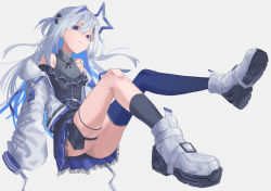 Rule 34 | 1girl, amane kanata, amane kanata (work), arisaki (cnxy7525), asymmetrical legwear, blue hair, colored inner hair, dress, frills, grey hair, hair ornament, hair ribbon, hairclip, highres, hololive, holster, jacket, jacket partially removed, jewelry, long hair, multicolored hair, necklace, official alternate costume, ribbon, shoes, simple background, single thighhigh, sleeveless, sleeveless dress, sneakers, solo, thigh holster, thigh strap, thighhighs, two side up, virtual youtuber