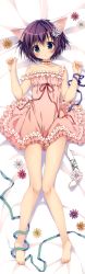 Rule 34 | 1girl, absurdres, animal ears, babydoll, barefoot, blush, cat ears, cat tail, copyright request, dakimakura (medium), feet, flower, full body, gradient background, hair flower, hair ornament, highres, huge filesize, knees together feet apart, neck bell, purple hair, ribbon, ribbon-trimmed clothes, ribbon trim, ryouka (suzuya), short hair, solo, tail, tail ornament, tail ribbon