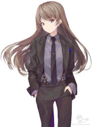 Rule 34 | 1girl, black jacket, black necktie, black pants, brown eyes, brown hair, closed mouth, collared shirt, commentary request, grey shirt, hands in pockets, jacket, kagachi saku, long hair, long sleeves, necktie, open clothes, open jacket, original, pants, shirt, signature, simple background, solo, suspenders, tie clip, very long hair, watermark, web address, white background