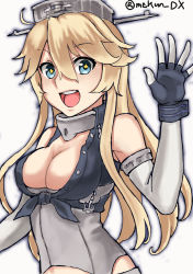 Rule 34 | 1girl, blonde hair, blue eyes, breasts, fingerless gloves, front-tie top, gloves, headgear, iowa (kancolle), kantai collection, large breasts, long hair, looking at viewer, maakun (makun dx), one-hour drawing challenge, open mouth, round teeth, simple background, smile, solo, star-shaped pupils, star (symbol), symbol-shaped pupils, teeth, twitter username, upper body, upper teeth only, white background
