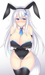 Rule 34 | 1girl, animal ears, bare shoulders, black thighhighs, blue necktie, blush, breast hold, breasts, cameltoe, cleavage, closed mouth, collar, cowboy shot, curvy, detached collar, embarrassed, eyebrows, fake animal ears, fox ears, fox tail, gloves, gluteal fold, gradient background, hair ornament, highres, huge breasts, kutan, leotard, long hair, looking at viewer, mizu aoi, mizuki (kutan), necktie, original, playboy bunny, purple eyes, rabbit ears, short necktie, silver hair, solo, tail, thick thighs, thigh gap, thighhighs, thighs, very long hair, white gloves, wide hips, wrist cuffs