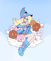 Rule 34 | 1girl, artist name, bare legs, bare shoulders, blonde hair, blue background, blue eyes, blue footwear, blush, boots, dark magician girl, duel monster, hair between eyes, hat, kuriboh, long hair, looking at viewer, mamobot, pentacle, smile, solo, sparkle, wand, watapon, wings, wizard hat, yu-gi-oh!, yu-gi-oh! duel monsters