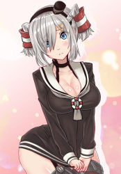 Rule 34 | 1girl, alternate hairstyle, amatsukaze (kancolle), amatsukaze (kancolle) (cosplay), bad anatomy, blue eyes, blush, breasts, choker, cleavage, cosplay, embarrassed, female focus, garter straps, hair over one eye, hamakaze (kancolle), kantai collection, large breasts, looking at viewer, shiny skin, short hair, silver hair, sin (kami148), solo, thighhighs, twintails