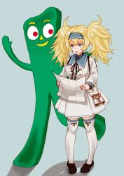 Rule 34 | 1boy, 1girl, binoculars, blonde hair, blue eyes, blue hairband, breasts, gambier bay (kancolle), gumby, gumby (character), hairband, highres, kantai collection, kutouten, large breasts, map, miniskirt, name connection, pleated skirt, skirt, tears, thighhighs, twintails, zettai ryouiki