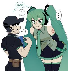 Rule 34 | 1boy, 1girl, aqua eyes, aqua hair, aqua necktie, bare shoulders, cropped legs, detached sleeves, dizzyspells, hatsune miku, headset, height difference, leaning forward, long hair, necktie, shirt, simple background, skirt, smile, thighhighs, thought bubble, twintails, very long hair, vocaloid, white background