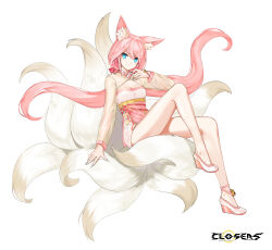 Rule 34 | 1girl, alternate hair color, animal ear fluff, animal ears, ankle bell, arm support, bare legs, blue eyes, bow, breasts, cleavage, cleavage cutout, closed mouth, closers, clothing cutout, copyright name, dress, fingernails, floating hair, fox ears, fox girl, fox tail, full body, hair bow, hand up, high heels, highres, kitsune, knee up, kyuubi, layered dress, logo, long fingernails, long hair, long sleeves, looking at viewer, low twintails, medium breasts, multiple tails, official art, pink bow, pink dress, pink hair, see-through, see-through sleeves, seulbi lee, sitting, sitting on tail, smile, smirk, solo, tachi-e, tail, twintails, two-tone dress, very long hair, wedge heels, white background, white footwear, yellow dress, yellow sleeves, yellow tail