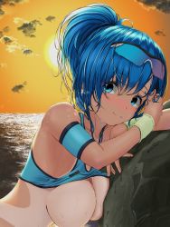 Rule 34 | 1girl, against rock, aigami shion, armband, blue eyes, blue hair, blush, breast press, breasts, cleavage, closed mouth, clothes lift, commentary request, evening, eyewear on head, garter-velvet, highres, looking at viewer, medium breasts, ocean, original, outdoors, ponytail, smile, solo, sports bra, sports bra lift, sports sunglasses, sun, sunglasses, sunset, sweat, sweatband, swimsuit, tan, tanline, upper body
