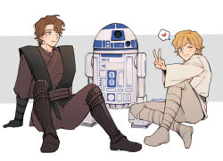 Rule 34 | anakin skywalker, animification, blonde hair, blue eyes, boots, brown footwear, droid, father and son, gloves, highres, luke skywalker, multiple boys, mxxnfish, on floor, one eye closed, r2-d2, scar, scar across eye, simple background, sitting, star wars, star wars: a new hope, star wars: revenge of the sith, time paradox, v