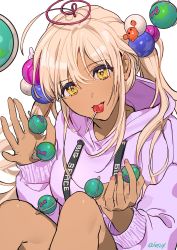 Rule 34 | 1girl, absurdres, ahoge, bare legs, candy, dark-skinned female, dark skin, food, hair ornament, highres, hololive, hololive english, hood, hoodie, limiter (tsukumo sana), lollipop, looking at viewer, low twintails, pink hoodie, planet hair ornament, solo, tsukumo sana, twice12314, twintails, virtual youtuber, white hair, yellow eyes