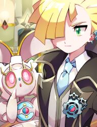 Rule 34 | 1boy, blonde hair, closed mouth, coat, collared shirt, commentary request, creatures (company), ear piercing, earrings, game freak, gen 7 pokemon, gladion (pokemon), gladion (sygna suit) (pokemon), green eyes, hair over one eye, jewelry, legendary pokemon, magearna, male focus, mugi (mugio 18), mythical pokemon, necktie, nintendo, official alternate costume, open clothes, open coat, piercing, pokemon, pokemon (creature), pokemon masters ex, shirt, short hair, vest, white shirt