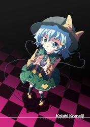 Rule 34 | 1girl, akakage red, blue eyes, blue hair, checkered floor, dutch angle, female focus, floor, from above, hair ornament, hat, hat ribbon, heart, heart hands, komeiji koishi, matching hair/eyes, perspective, red (artist), ribbon, smile, solo, symbol-shaped pupils, third eye, touhou