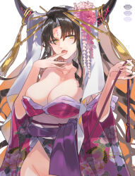 Rule 34 | 1girl, black horns, breasts, center opening, commentary, cowboy shot, fate/extra, fate/extra ccc, fate/grand order, fate (series), floral print, flower, forehead tattoo, groin, hair ornament, hairpin, hands up, highres, holding, horn ornament, horn ring, horns, japanese clothes, kimono, kimono partially removed, large breasts, long hair, multicolored horns, multiple hairpins, naked kimono, obi, obijime, open mouth, parted bangs, pink flower, pink horns, poppoman, print kimono, purple kimono, sash, sessyoin kiara, simple background, solo, tassel, two-tone horns, very long hair, white background, white sash, white veil, wide sleeves, yellow eyes